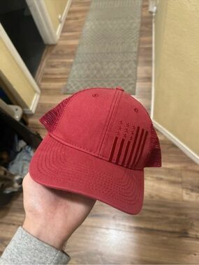 Men’s Red Trucker Hat with Embossed Flag Detail